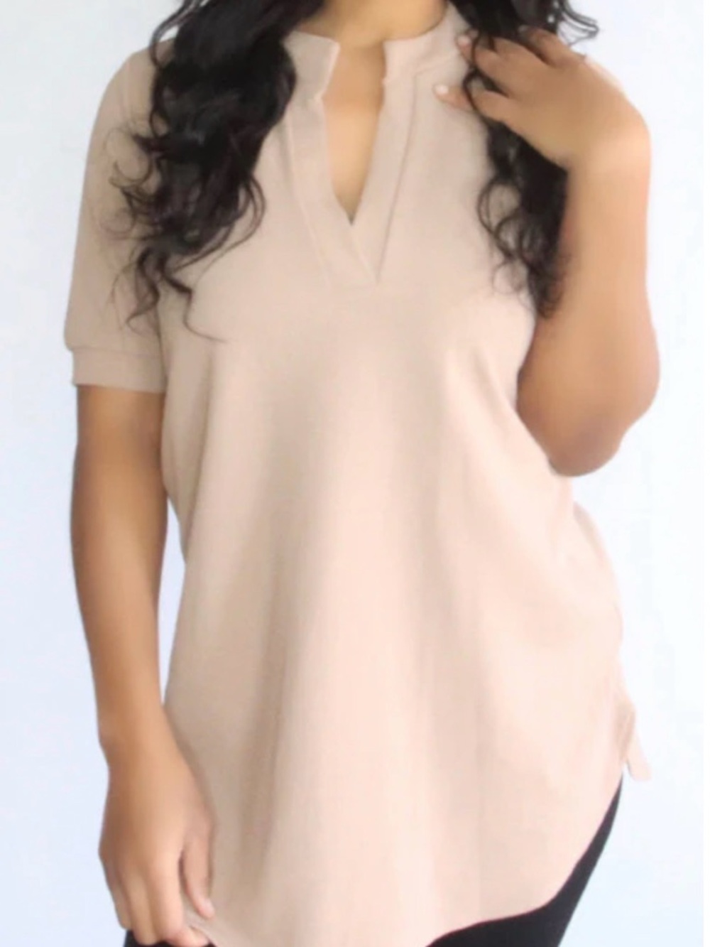 Women's Short Sleeve Split V-Neck Tunic Top - Cream
